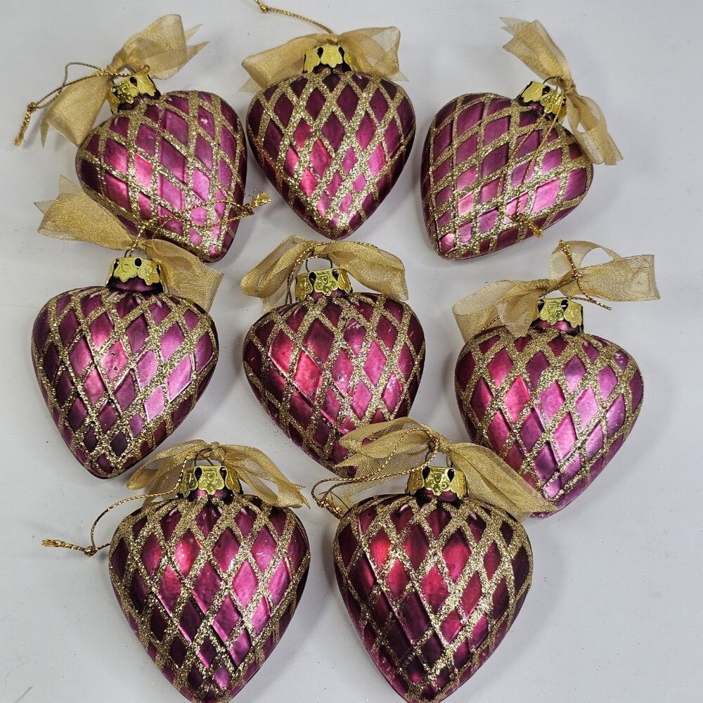 Heart Shaped Glass Vintage Christmas Ornaments Purple And Gold 8pcs